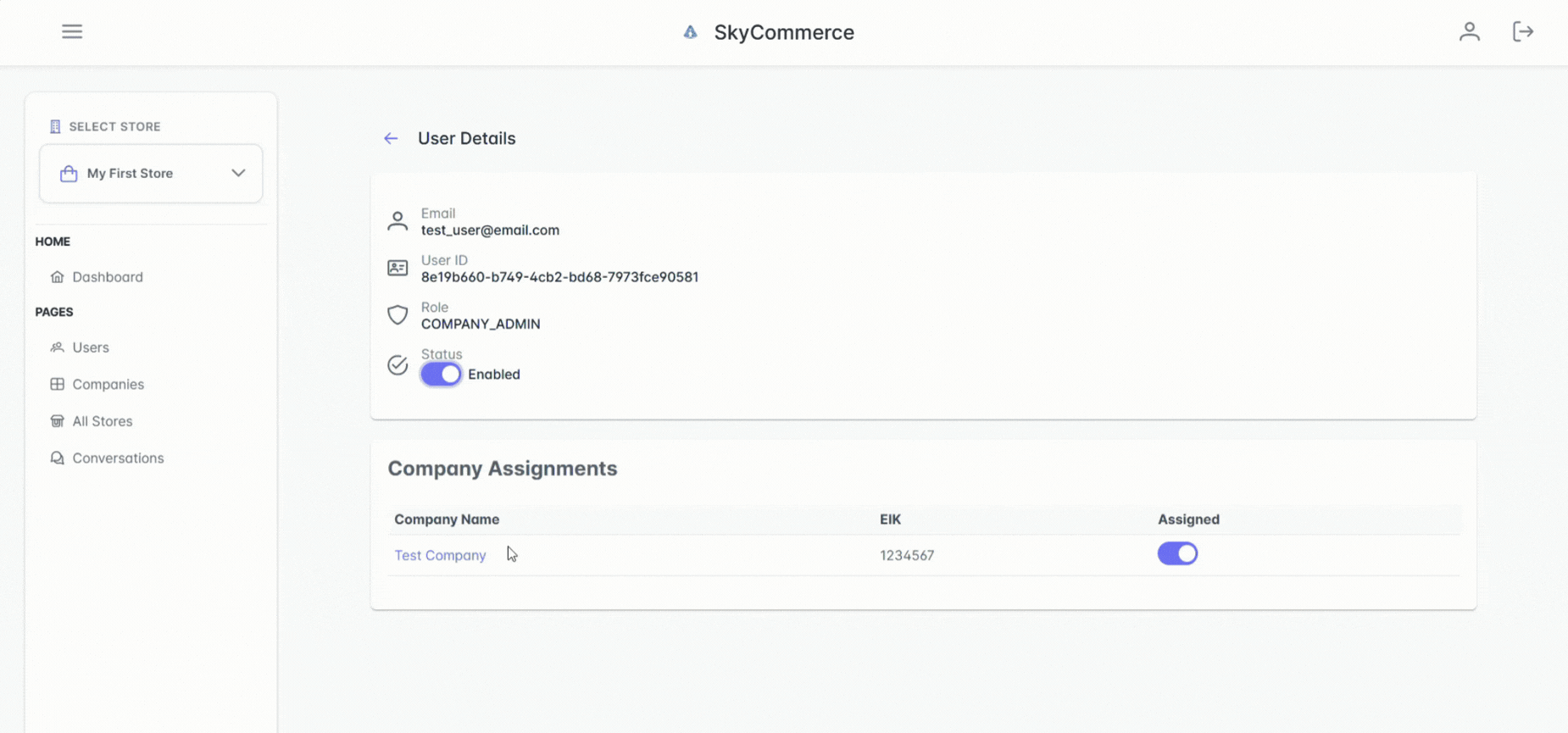 Click company name and assign stores via checkboxes