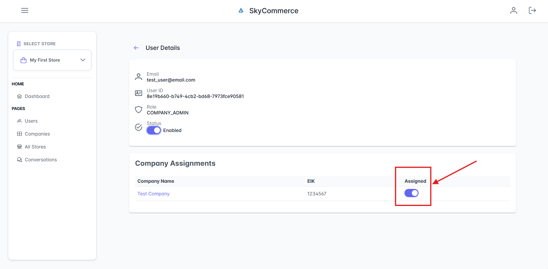 Company Assignments table with Assigned toggle to assign user to company