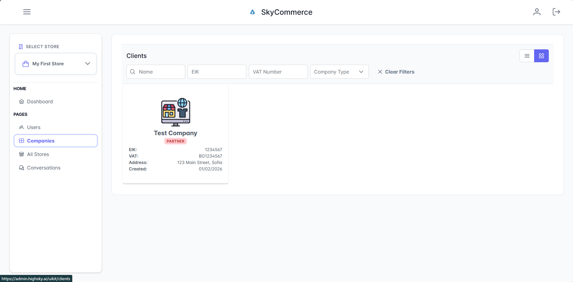 Companies page with company details