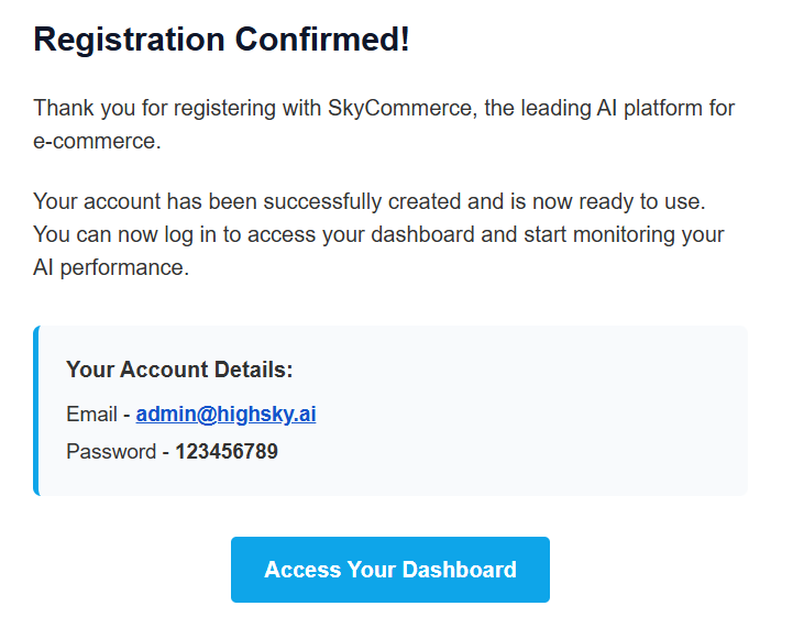 Registration confirmed email with login credentials from HighSky AI