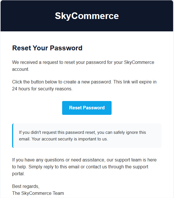 Reset your password email from SkyCommerce