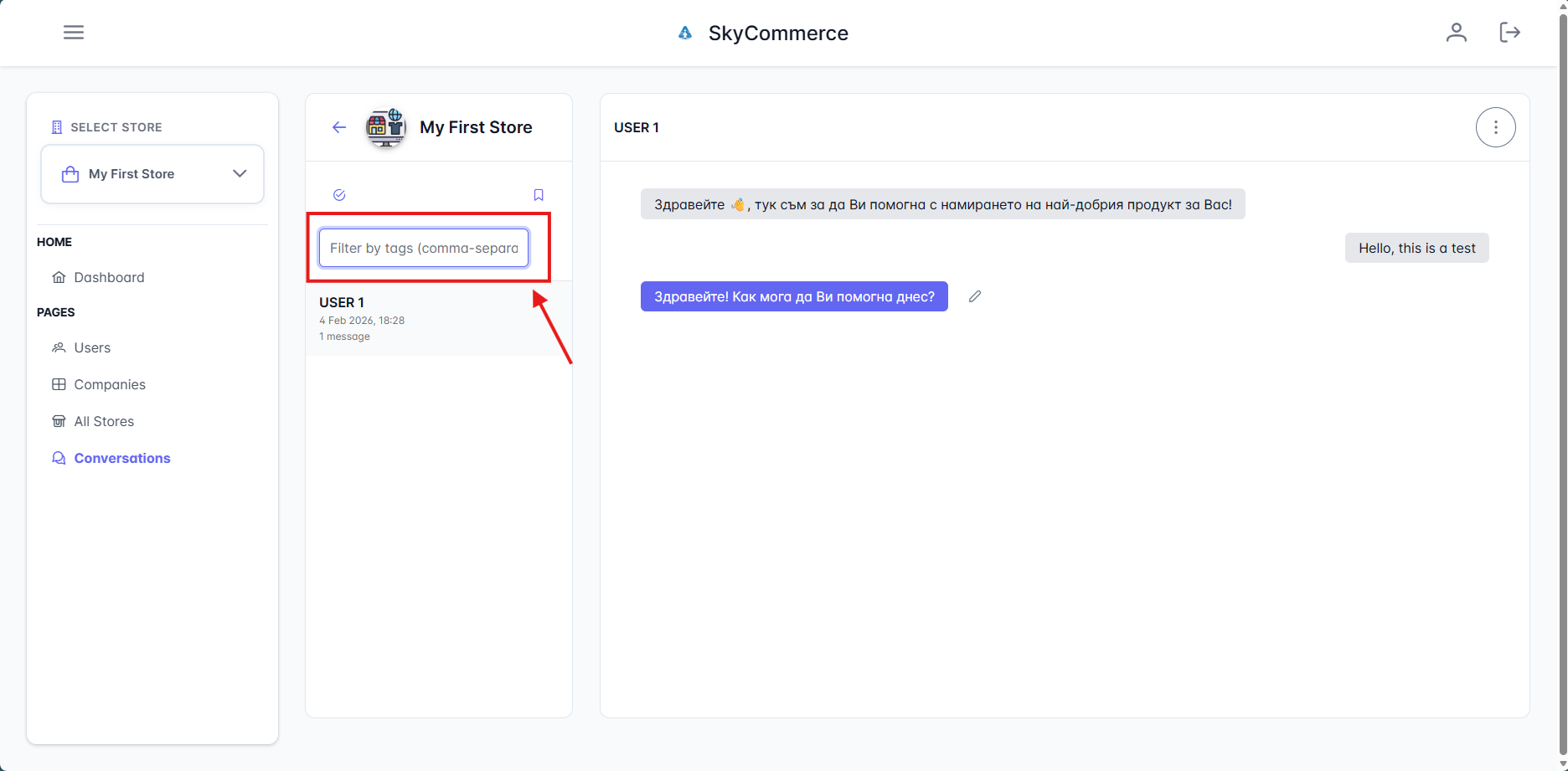 Filter conversations by tags search bar