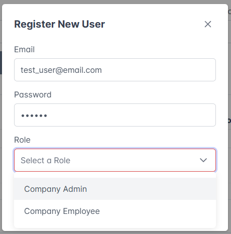 Register new user form with role selection